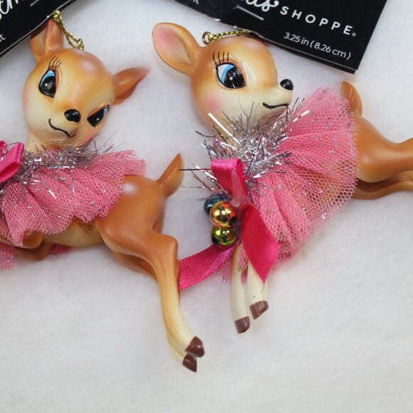 Christmas Shoppe Ornaments Reindeer Tutu Retro Style Set Deer Pink Bow NWT - Picture 2 of 5